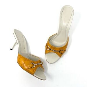 Vintage Gucci Interlocking GG Logo Horsebit Sandals Slides Heels Orange 37.5 7.5